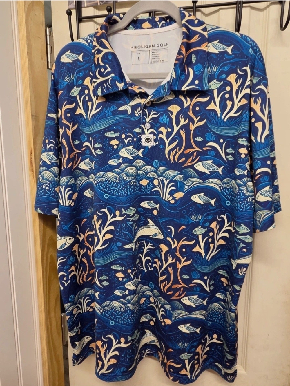 Golf Vintage Blue Fish-Print Hooligan Polo Shirt #0135